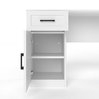 L-Shaped Home Executive Desk with 2 Cabinets and 2 Drawers, Computer Desk with Power Outlet, 11 Open Shelves and 1 Right Flip Shelf with Storage for Study, Living Room and Office (White-02) - color: White-02