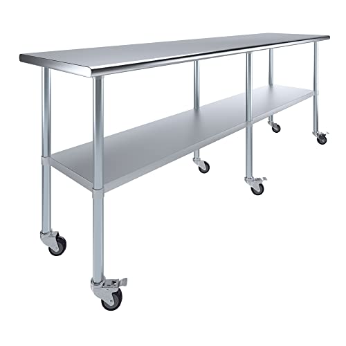 AmGood 96" Long x 24" Deep Stainless Steel Table with Casters - size: 96" Long x 24" Deep