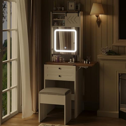 ARTETHYS Farmhouse Small Vanity Desk with Mirror Cabinet & Storage Chair | Mini Makeup Vanities Set with Fold-up Panel, White Dressing Table with 3 Adjustable Lights for Compact Space - color: White and Brown