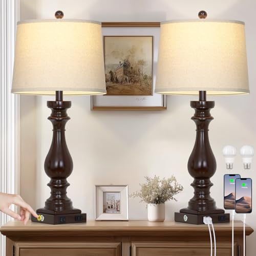 29" Tall Farmhouse Table Lamp for Living Room Set of 2,Vintage Retro Nightstand Lamps with USB C+A Ports & AC Outlet,3-Way Dimmable Touch Bedside Lamp for Bedroom Side Table,Dark Brown - color: Dark Brown