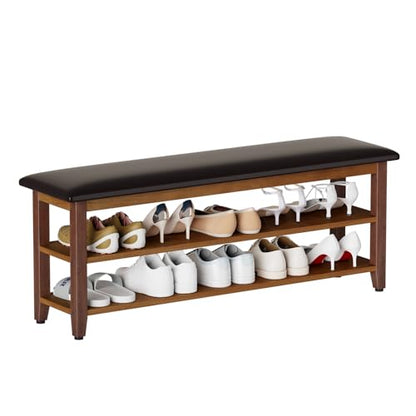 Shoe Bench with Leather Cushion,Rubberwood Bench with Shoe Rack | 2-Tier Shoe Storage Organizer for Entryway,Hallway,Living Room - size: 2-Tier-47.3"