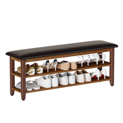 Shoe Bench with Leather Cushion,Rubberwood Bench with Shoe Rack | 2-Tier Shoe Storage Organizer for Entryway,Hallway,Living Room - size: 2-Tier-47.3"