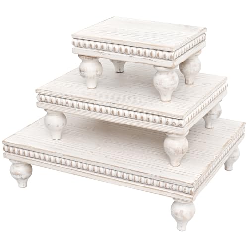 Swallowliving 3 Pcs Set Farmhouse Wood Risers for Display Decorative, Rustic Shabby Chic Tiered Tray for Kitchen Counter, Coffee Bar Table, Dining Room, Wooden Rectangle Beaded Pedestal Stand for Food, White - color: Set of 3 - White
