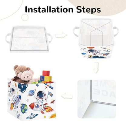 Clastyle 3 pcs 11.8'' Outer Space Storage Basket for Shelves with Metal Frame Large Rocket Astronaut Clothes Toy Book Cube Bin for Bedroom Playroom,White - color: Rocket Astronaut