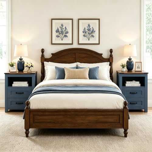 Farmhouse Night Stand, Rustic Blue Nightstand for Bedroom, End Tables with Charging Station, Bedside Table with Drawers, Wood Bedside Cabinet Dresser - color: Blue, size: 1pcs with Charging