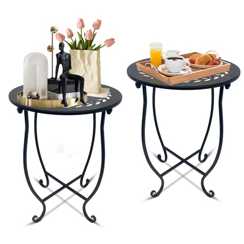 Round Side Table Set of 2, Metal Patio Side Tables End Tables, Weather Resistant Round Coffee Table Bedside Table Nightstand for Home Garden Office, 14 Inch Outdoor Side Table for Patio Balcony Yard - style: Set of 2 Style C