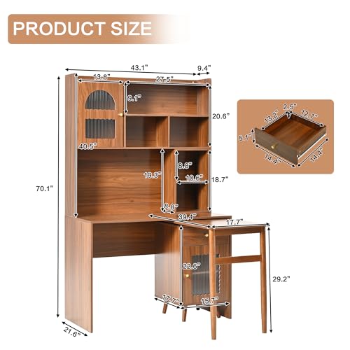 Wooden Computer Gaming Desk with 90 Degree Rotating Desktop, Study Writing Desk with Open Shelves, Storage Drawer and Cabinets, Work Desk for Home Office Bedroom Living Room (Walnut-03) - color: Walnut-03