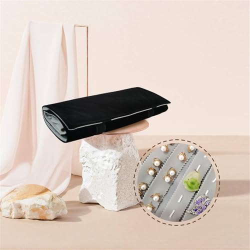 Velvet Travel Jewelry Case Roll Bag Organizer for Necklace Bracelet Earrings Ring (Black) (grey and black) - color: Grey and Black