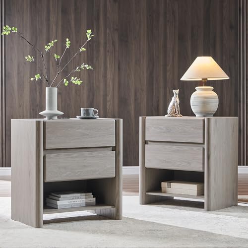 25" Tall Modern Nightstand Set of 2, 23.6" W Night Stand with Charging Station & 2 Storage Drawers & Open Shelf, Wood Nightstands w/Rounded Corner Design for Bedroom (Light Grey) - color: Grey, size: 2 Drawers