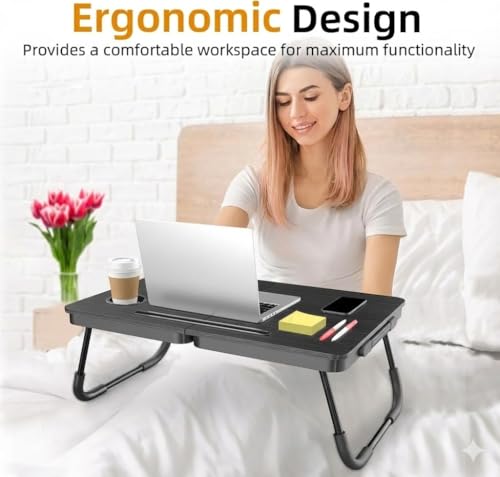 BUYIFY 23.4" Foldable Lap Desk Bed Table with Cup Holder Portable Tray | Folds Flat for Easy Storage, No Assembly Laptop Bed Desk, Sturdy and Lightweight, Patent Design,Carbon Black - color: Black