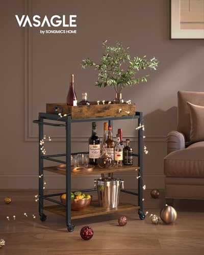 VASAGLE Kitchen Serving Cart with Removable Tray, 3-Tier Kitchen Utility Cart on Wheels with Storage, with Brakes, Leveling Feet, 15.7 x 28.3 x 33.9 Inches, Rustic Brown and Black ULRC72X - color: Rustic Brown + Black, size: 15.7"D x 28.3"W x 33.9"H