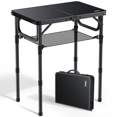 Anbte Folding Camping Table with Storage Net, Pure Black Aluminum 2ft Picnic Table 23.2" x 16" Outdoor Table Adjustable Height Max 27.5", Lightweight, Waterproof, Portable Handle for Travel Cooking - color: Pure Black, size: 24"L x 16"W x 27.5H"