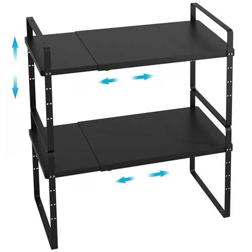 iPEGTOP 2 Pack Expandable Cabinet Storage Shelf Organizer Rack, Heavy Duty Steel Metal Spice Rack Adjustable Height Office Garage Pantry Shelf Space Riser for Counter Kitchen Organization, Black - color: Black, size: 8" Width - 2 Pack