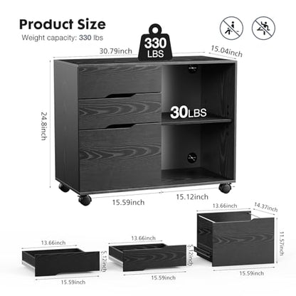 DUMOS File Cabinet with 3 Drawers, Wood Under Desk Storage Printer Stand | Rolling Lateral Filing Cabinet with Adjustable Shelves for Home Office Study Organization,Black - color: Modern Black