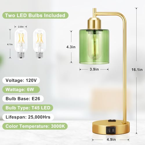 Innqoo Industrial Green Table Lamps for Bedrooms Set of 2-3-Way Dimmable Desk Lamp with USB C+A Ports and Outlet, Gold Lamps with Green Glass Shade for Living Room - color: Green Shade& Gold Base