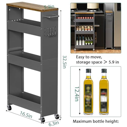 XYZLVSI Slim Storage Cart, 4 Tier Rolling Kitchen Cart on Wheels for Small Space, Narrow Laundry Bathroom Organizers Mobile Shelving Unit Metal Utility Cart with Handle, 5.9in Width, Gray | 5.9" W skinny storage cart, 12.4" bottom metal utility cart with