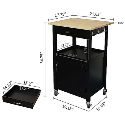 eHemco Kitchen Island Cart on Wheels, Black Base, Natural Hardwood Top | Drawer, Storage Cabinet, Shelf - color: Black