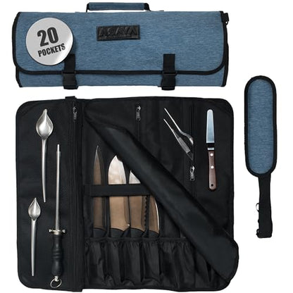 Asaya Waxed Nylon Chef Knife Roll Bag with 20 Slots and Zippered Pockets - Professional Chef Knife Bag & Storage Case, Tool Carrier with Shoulder Strap - Knives Not Included (Blue) - color: Blue