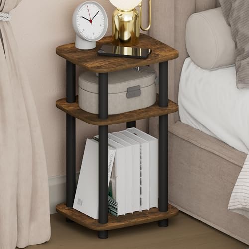 Furinno JUST Night Stand, 3-Tier Turn-N-Tube Nightstand with Open Shelf, Round Curve Corner Side Table, End Table, Easy Assembly, for Living Room, Bedroom, Amber Pine - color: Amber Pine/Black, size: 3-Tier, Curve Corner