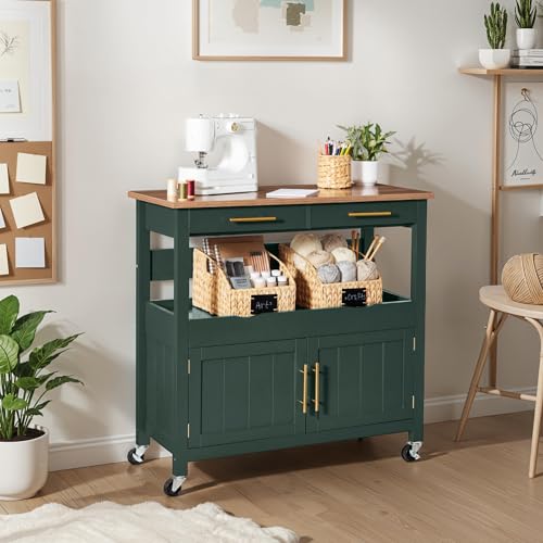 Best Choice Products 36in Large Rolling Kitchen Island Cart, 2-Door Cabinet, 2 Drawers, Pull-Out Shelf, Power Outlet, Hooks, & Swivel Lockable Wheels - Forest Green - style: Forest Green