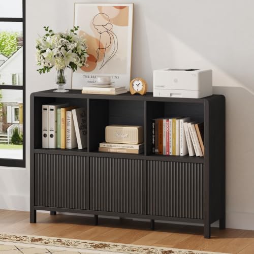6 Cube Storage Organizer, Horizontal Bookcase with 3 Doors, Low Wood Bookshelf for Home Office, Bedroom, Living Room (Black) - color: Black With 3 Doors