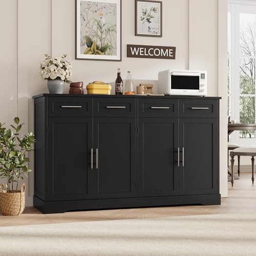 HOSTACK 60" Large Buffet Sideboard with Storage, 36" Tall Kitchen Buffet Storage Cabinet with 4 Drawer, Modern Coffee Bar Cabinet with Silver Handle, Long Sideboard Buffet Table for Kitchen, Black - color: Black