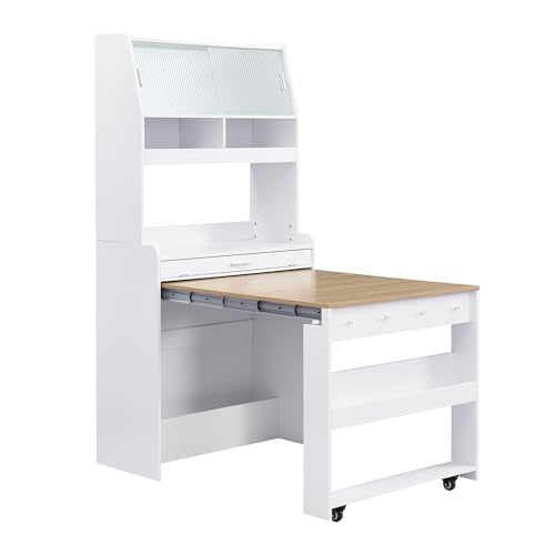 Spaco 2-in-1 Folding Dining Table and Buffet Cabinet Set,Compact Pull-Out Kitchen Table with Wheels,Storage Shelf and Side Hooks,Multifunctional Cupboard for Small Place (White & Oak) - color: White & Oak