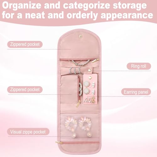 Travel Jewelry Organizer Roll – Foldable Jewelry Storage Bag for Rings, Necklaces, Earrings & Bracelets, Portable Mini Soft Pink Travel Jewelry Case for Women