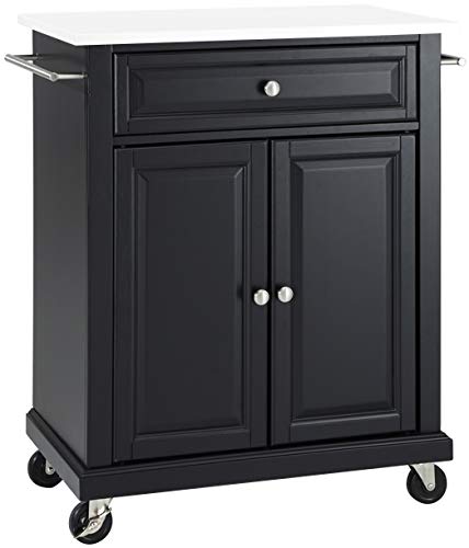 Crosley Furniture Compact Stone Top Small Rolling Cart with Shelves, Microwave Stand with Towel Rack, Black - color: Black, style: White Granite Top
