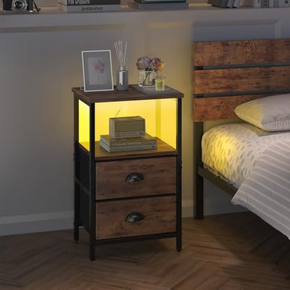 Sthmec Rustic Brown Industrial Nightstand Set of 2, Bedside Table with 2 Fabric Drawers, 3-Tier Storage, LED Light, Charging Station, 11.38''D * 15.38''W* 24.75''H - color: Rustic Brown