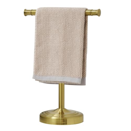 RUMOSE 13 Inch Brushed Gold Towel Stand Hand Towel Holder Bathroom Kitchen Vanity Countertop T-Shape Towel Rack Free Standing Stainless Steel Towel Bar Towel Ring - color: Brushed Gold
