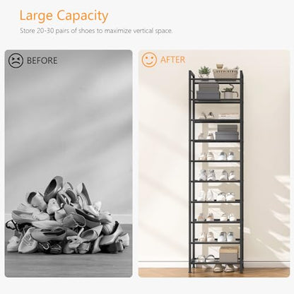 usikey 10 Tiers Narrow Shoe Rack 20-30 Pairs, Sturdy Metal Tall Shoe Rack Shelf with 4 Hooks, Slim Shoe Storage with Metal Shelf, Space Saving Vertical Shoe Organizer for Closet Entryway, Black - color: 10 Tier ( 17.9 X 11 X 69.2 Inches)-black