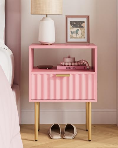 Night Stand,Modern Bedside Table with Drawer and Shelf,Pink Night Stand with Gold Frame,Small Side Table for Bedroom,Living Room - color: Pink