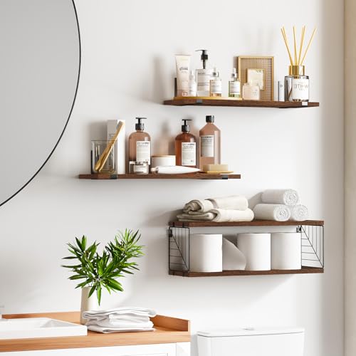 Fixwal 3+1 Tier Bathroom Floating Shelves Over Toilet, Dark Brown | Dark Brown Wood Shelf Set with Toilet Paper Storage Basket, Natural Finish, 40Lb Weight Limit, Quick Mount, Versatile - color: Dark Brown