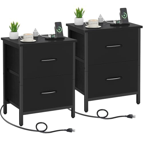 Vagusicc Nightstand Set of 2 with Charging Station, End Table Bedside Table with Power Outlet & USB Ports, Side Table with 2 Fabric Drawers for Bedroom, Living Room, Black - color: Black (2 Pack)