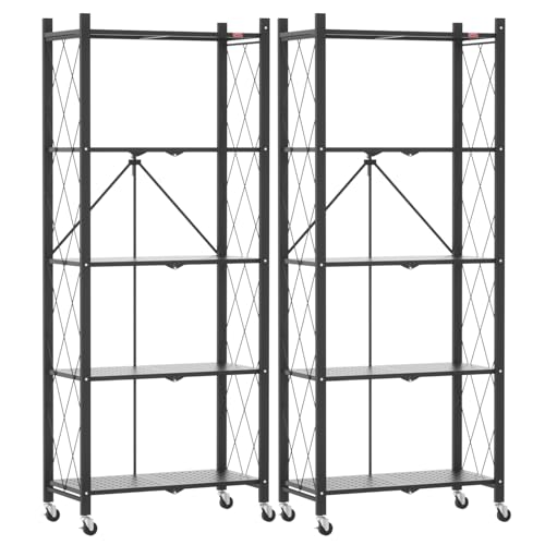 DEANIC 5-Shelf Folding Bookcase with Wheels, Heavy Duty Storage Shelves, Freestanding Metal Wire Shelving Unit for Living Room, Office, Kitchen, Basement, Pantry(Black 2 Pack) - color: Black-2 Pack, size: Compact 5 tier