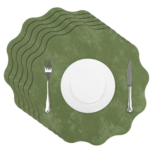 comfoyar Faux Leather Flower Shaped Placemats Set of 6, 13.5 Inch Heat Resistant Dual-Sided Green Imitation Velvet Place Mats, Waterproof Wipeable Table Mats for Kitchen Dining Party Decoration - color: Green, size: 13.5x13.5 Inch