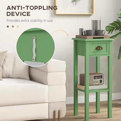 HOMCOM Narrow End Table with Drawer and Bottom Shelf Set of 1 Green | Tall Telephone Table, Skinny Modern Design, for Small Spaces, Living Room - color: Green