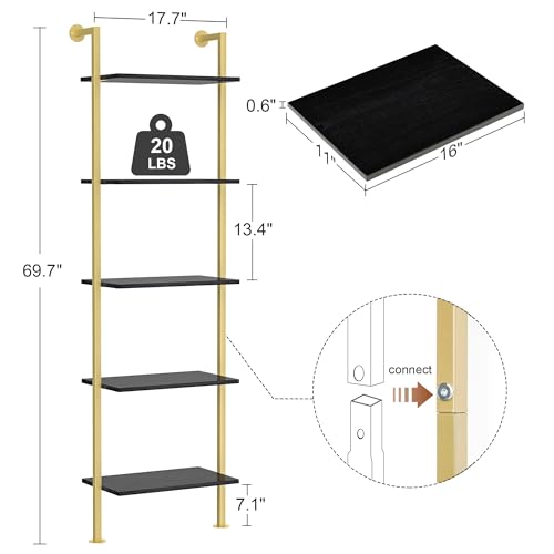 Acovy 5-Tier Bookshelf Solid Wood Ladder Shelf, Narrow Book Shelf Display Shelf, Wooden Bookcase, Wall Mount Ladder Shelf, Storage Rack for Living Room, Bedroom, Industrial Style, Black&Gold - color: Black&gold