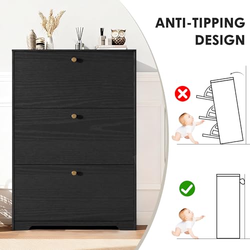 Nicetree Shoe Cabinet with 3 Flip Drawers, Narrow Shoe Organizer Cabinet, Freestanding Shoe Rack Cabinet, Modern Shoe Storage Cabinet for Entryway, Hallway, Foyer, Black with Hook - color: Black, style: 3-Drawers with Hook