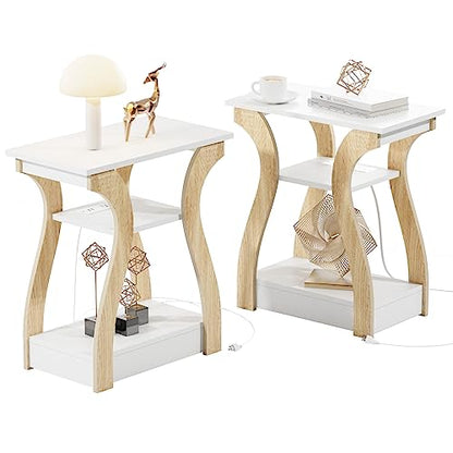 FROMJBEST End Table Set of 2 with Charging Station, Side Table with USB Ports and Outlets, Nightstand, 3 Tier End Table with Storage Shelf for Living Room, Bedroom (White Set of 2) - color: White