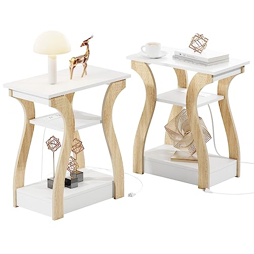 FROMJBEST End Table Set of 2 with Charging Station, Side Table with USB Ports and Outlets, Nightstand, 3 Tier End Table with Storage Shelf for Living Room, Bedroom (White Set of 2) - color: White