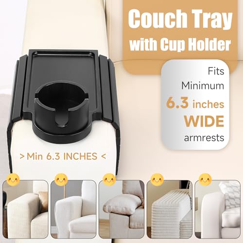 Couch Cup Holder Tray,Foldable Sofa Arm Clip on Tray Table with 360° Rotation Cup Holder,Bamboo Anti-Slip Couch Armrest Table for Coffee Cup,Water Bottles,Mug,Snacks,Remote on Large Armrest - color: Black