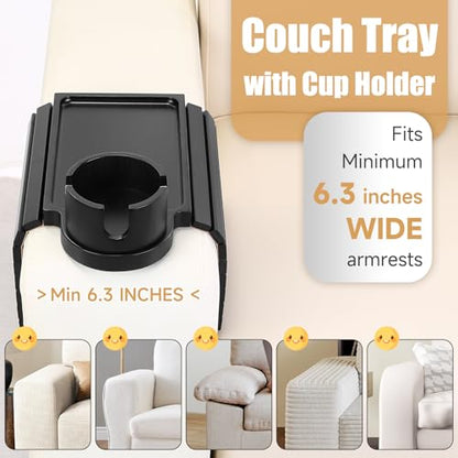 Couch Cup Holder Tray,Foldable Sofa Arm Clip on Tray Table with 360° Rotation Cup Holder,Bamboo Anti-Slip Couch Armrest Table for Coffee Cup,Water Bottles,Mug,Snacks,Remote on Large Armrest - color: Black