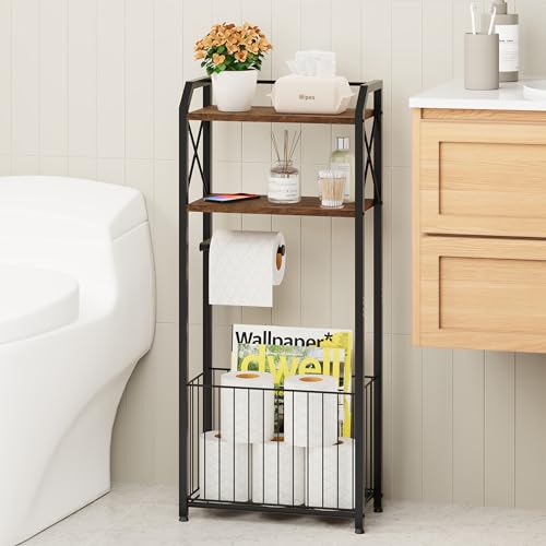 HapiRm Freestanding Toilet Paper Holder - 4-Tier Bathroom Tissue Organizer with Wood Shelves and Large Basket, Toilet Paper Holder Stand for Bathroom, Laundry Room, Apartment - Black（Large） - color: Black, size: Large