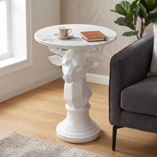 Modern Deer Head Sculpture Side Table, Round Metal End Table with Geometric Animal Base, Industrial Accent Table for Living Room, Bedroom, Office, Dark Bronze Finish - color: Deer - White Geometric