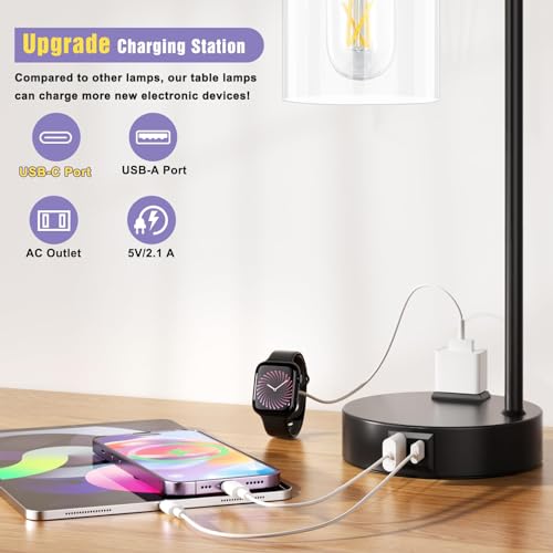 Industrial Touch Lamps for Nightstand Set of 2, 3-Way Dimmable Bedside Lamp | Glass Shade, USB C+A Charging Port & Outlet, Black Desk Lamps for Bedroom, Living Room, Home Office, Reading - color: A-Clear