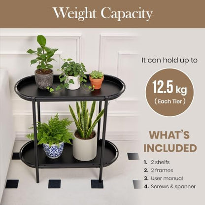 Large Metal 2-Tier Multi-Purpose Stand – Sleek Black Indoor/Outdoor Oval Shelving Unit; Modern Storage Rack for Home Decor, Books, Bathroom Essentials, or Plants