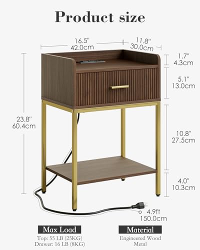 Nightstand with Charging Station, 3-Tier Bed Side Table, Small End Table, Night Stand with Open Shelf and Drawer, Bedside Table for Bedroom, Living Room, Walnut - color: Walnut, style: With Charging Station