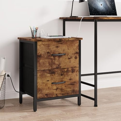 Vagusicc Nightstand with Charging Station, Bedside Table with USB Ports and Outlet, End Table Side Table with 2 Fabric Drawers for Bedroom, Living Room, Rustic Brown - color: Rustic Brown (1 Pack)